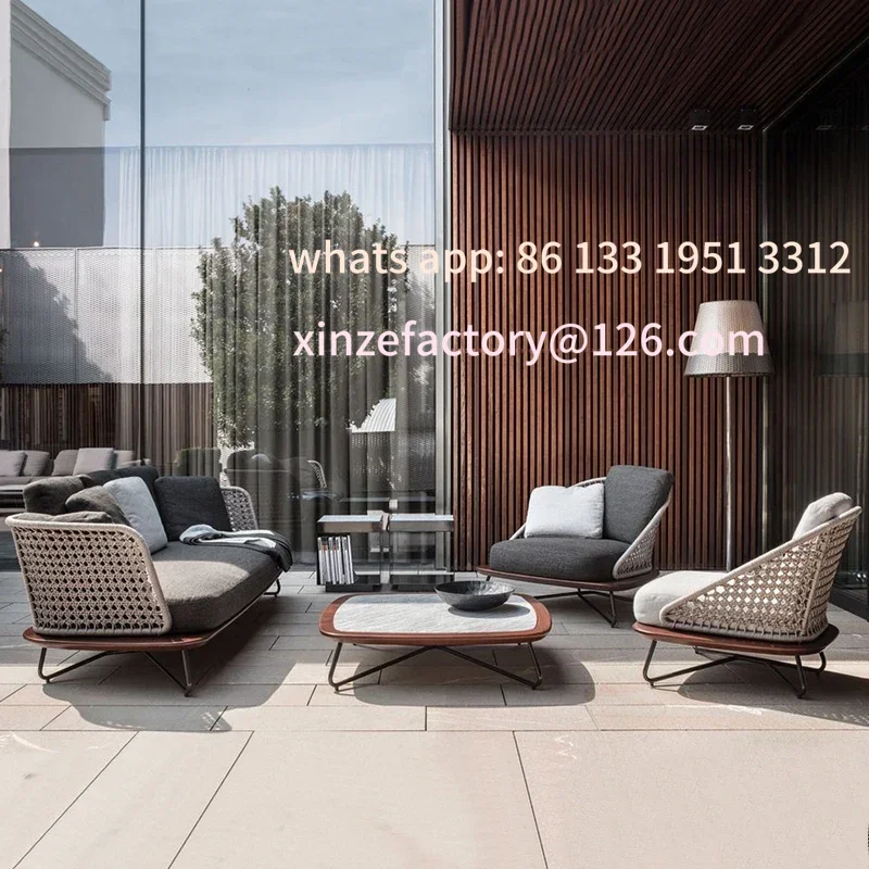 

Customizable Outdoor rattan sofa coffee table combination hotel garden open-air villa courtyard balcony overhead layer solid woo