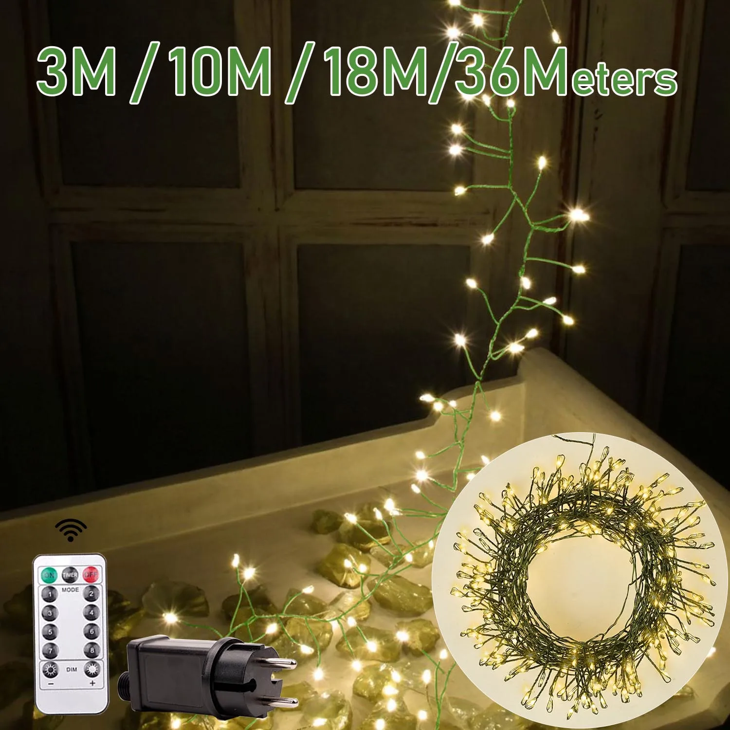 緑のワイヤーブラスターのガーランドのライト,寝室,屋外,結婚式,誕生日,クリスマスの木の装飾,1000LED, 36m, 2024