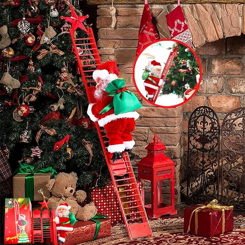 Electric Climbing Ladder Santa Claus Doll with Music, Christmas Tree Hanging Ornament, Kids Xmas Gift, 2026 New Year Home Decor