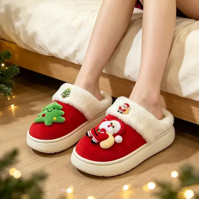 2026 Damen Süße Weihnachtsmann-Plüsch-Weihnachtspantoffeln, Winterwarme Pelz-Innenpantoffeln, Damen-Plateau-Hausschuhe, Geschenk für Mädchen – Detail 3