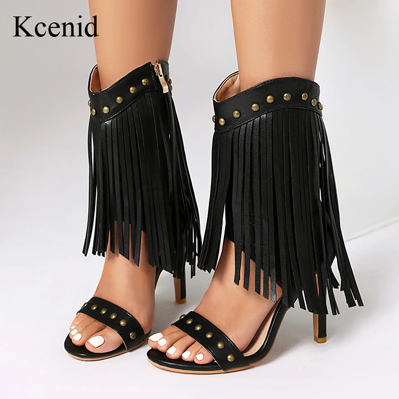 Kcenid New Women's Fashion High Heels Open Toe Stiletto Boots Sandals With Rivet Tassel Design Zipper For Nightclub Party Dinner