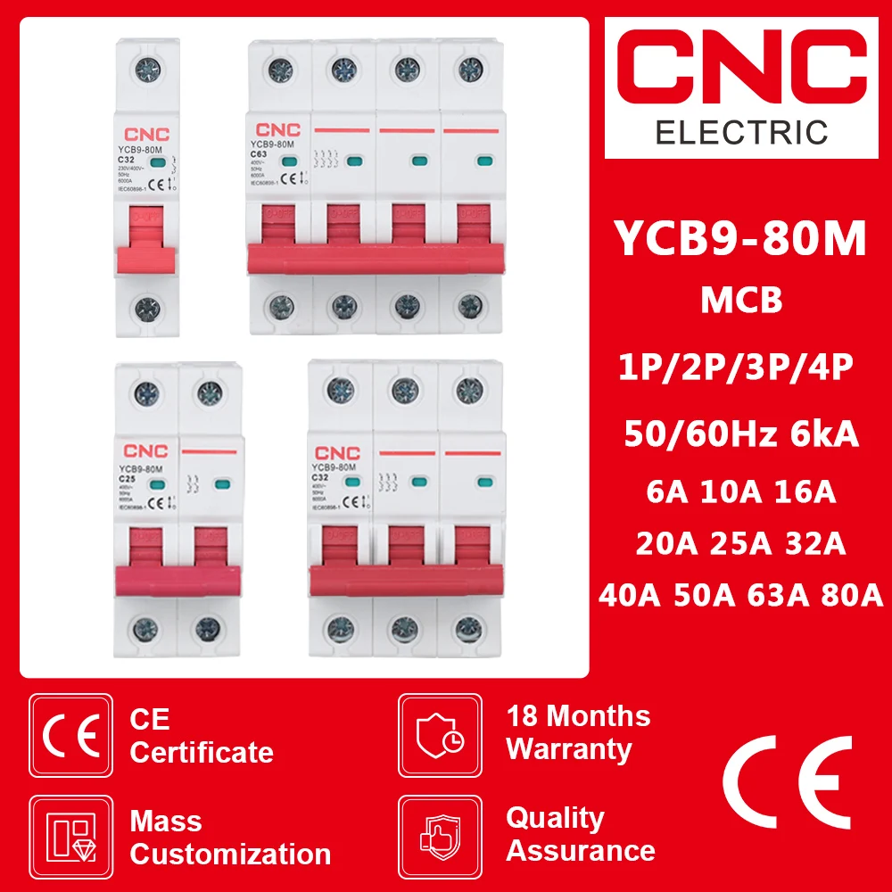 CNC MCB Breaker 1P/2P/3P/4P 50/60Hz 6kA Miniature Circuit Breaker 6/10/16/20/25/32/40/50/63/80A