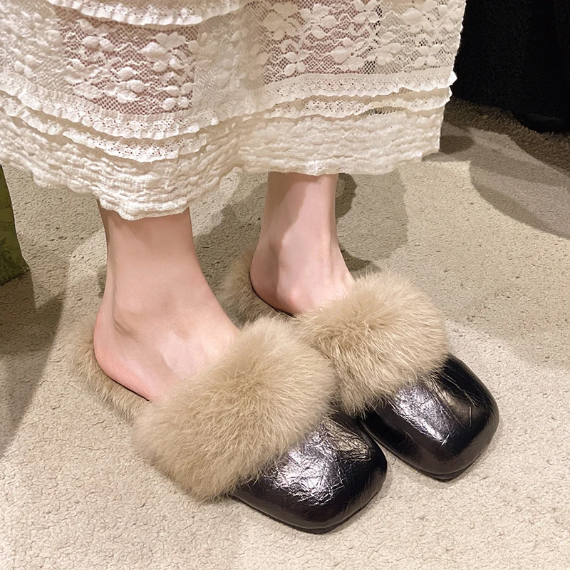 Fur Mules Shoes Women Slippers Warm Home Flats Cotton Shoes Winter 2024 Trend Fashion Flip Flops Brand Casual Plush Zapatos Lady