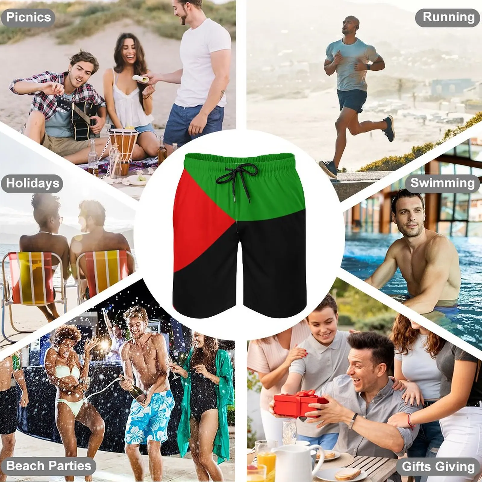 Anime Beach Pants Martinique in Red Green And Black Loose Elastic Beach Funny Graphic Male Shorts Basketball Adjustable Drawstri