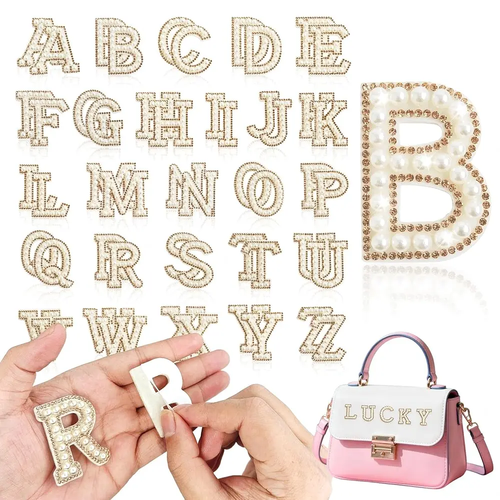 

52Pcs Pearl Letter Patches, Self Adhesive Pearl Rhinestone Letter Patches A-Z for Clothes, Dress, Hat, Socks,Backpacks，Jeans,