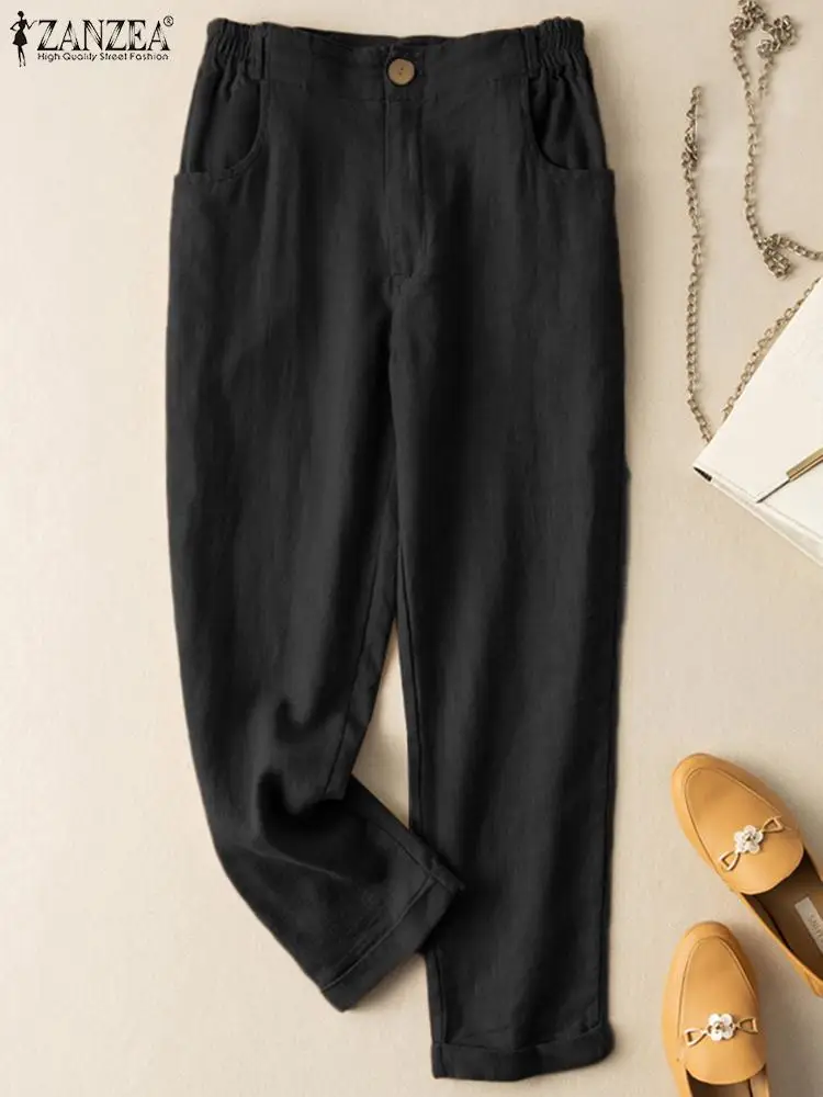 2023 ZANZEA Vintage Harem Pants Women Elastic Waist Solid Long Trousers Summer Cotton Palazzo Female Casual Pantalon Turnip