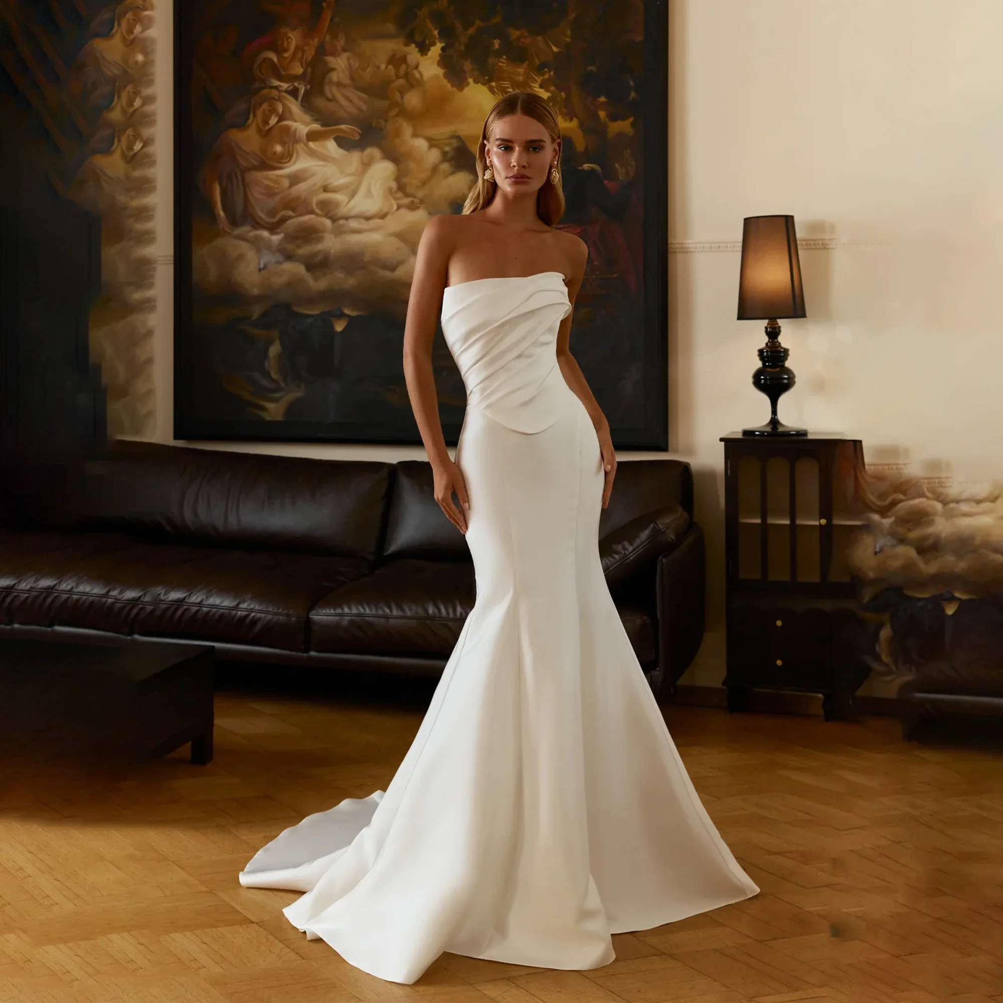 Strapless Satin Mermaid Wedding Dress Pleated Sleevelss Bodice Sweep Train Simple Bridal Gown Vestidos De Novia Boda Customized