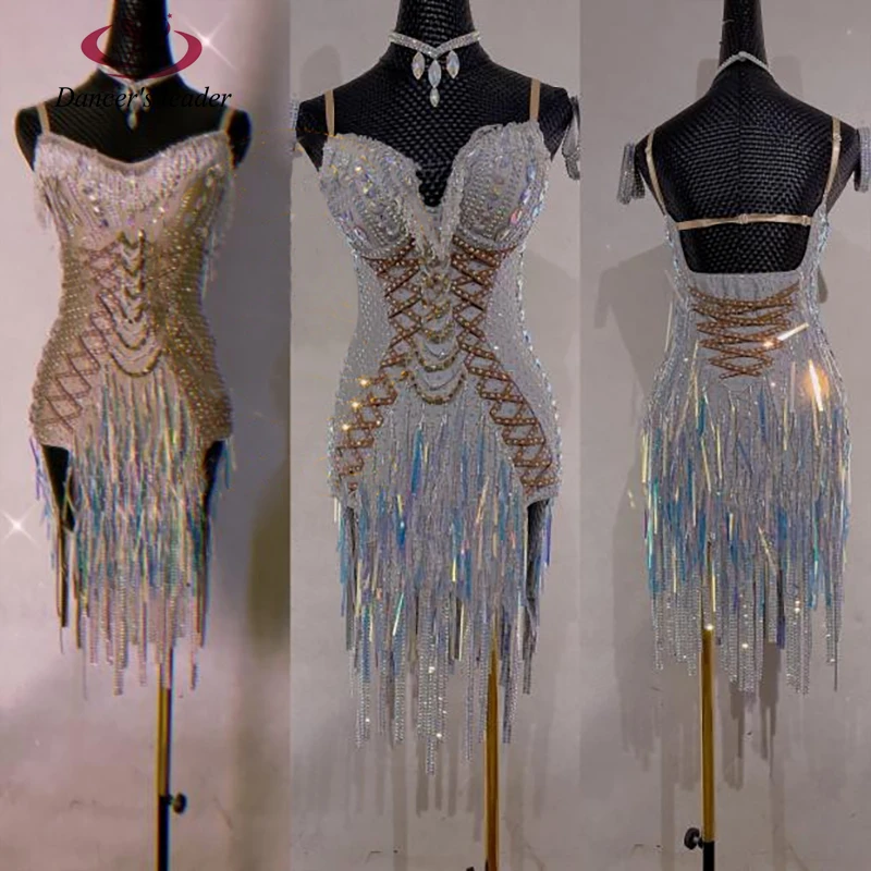 

Высококачественная кружевная татуировка на подтяжках для латинских танцев, полная юбка с ромбовидной бахромой, ча-танго, женская профессиональная одежда для сцены для взрослых