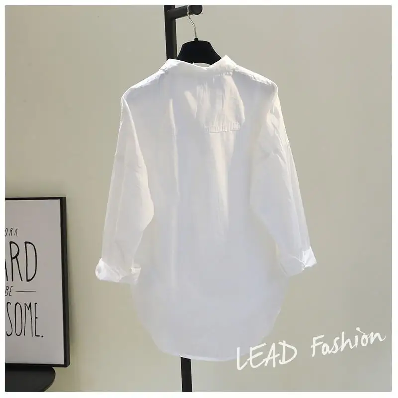 Korean Casual Button Cotton White Women\'s Shirt Spring Long Sleeve Solid Loose Blouses and Shirts Office Lady Tops Blusas