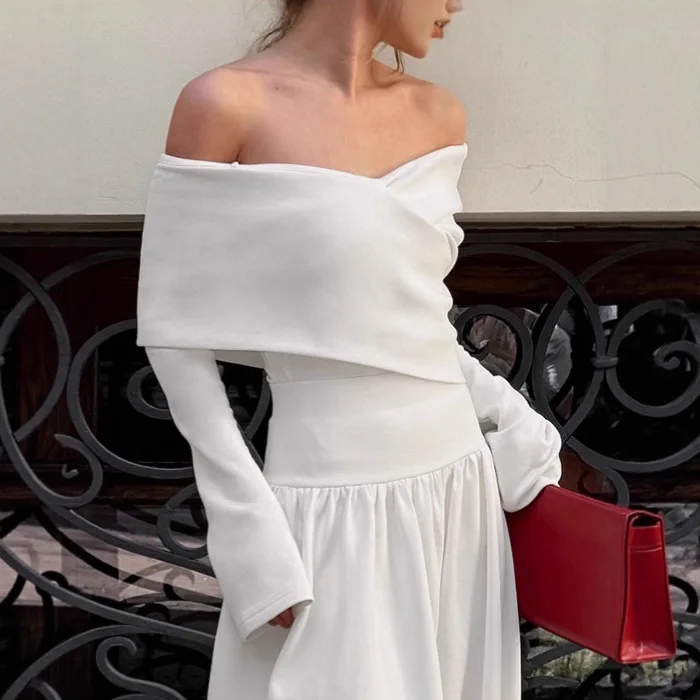 

Off-shoulder Autumn Women's T-Shirt Slash Neck Spliced Pullover Slim Long Sleeve Lady's Top Elegant Temperament Coat For Female