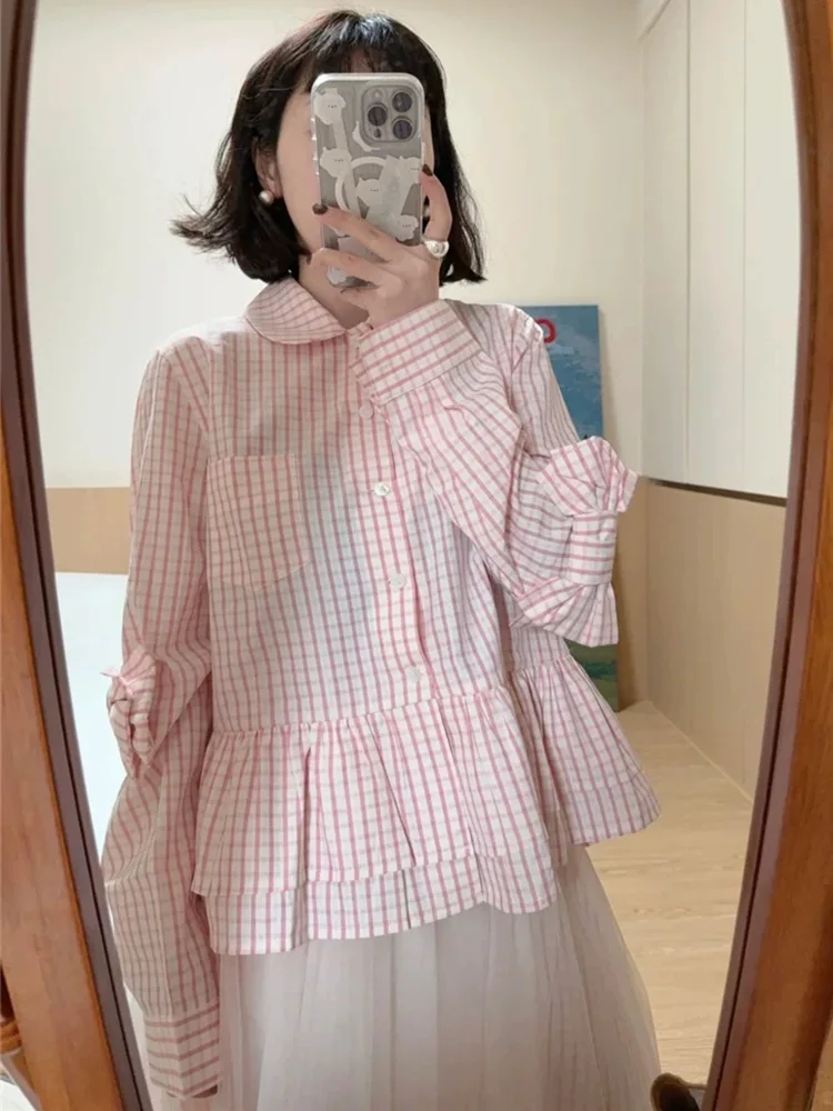

Женская рубашка в клетку с бантом, весенняя, в стиле преппи, с длинным рукавом, милая блузка в японском стиле, свободная, кавайная, с воротником Питер Пэн, элегантный женский топ
