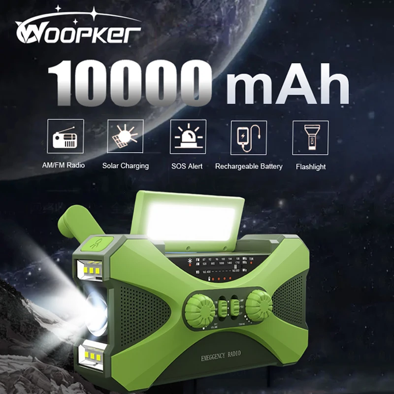 

WOOPKER Radio EM01 10000mAh Portable Emergency Radio FM AM NOAA Solar Hand Crank Weather Radios Flashlight SOS Alarm Outdoors