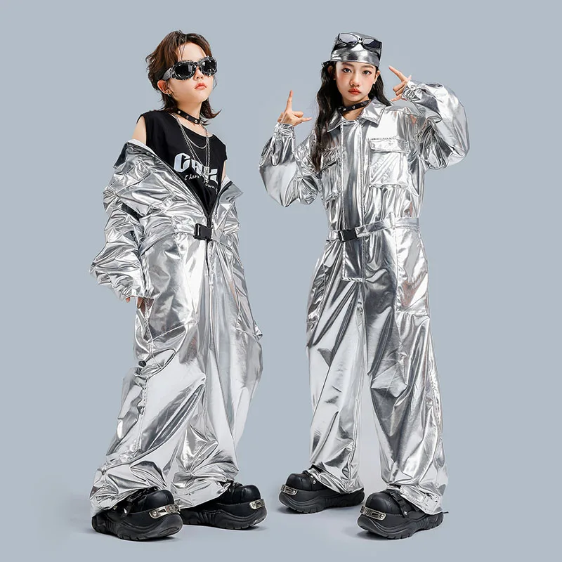 

Детская одежда в стиле хип-хоп Kpop, серебряная искусственная кожа, повседневный широкий комбинезон-карго, комбинезон для девочек и мальчиков, одежда для уличных танцев, костюм, одежда