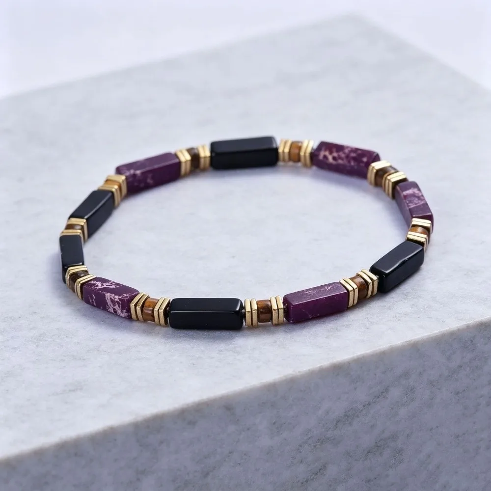Natural Veined Simple Crystal Stone Bracelet Square Cut Polished Block Shape Square Stone Bangle Stackable Adjustable Rope