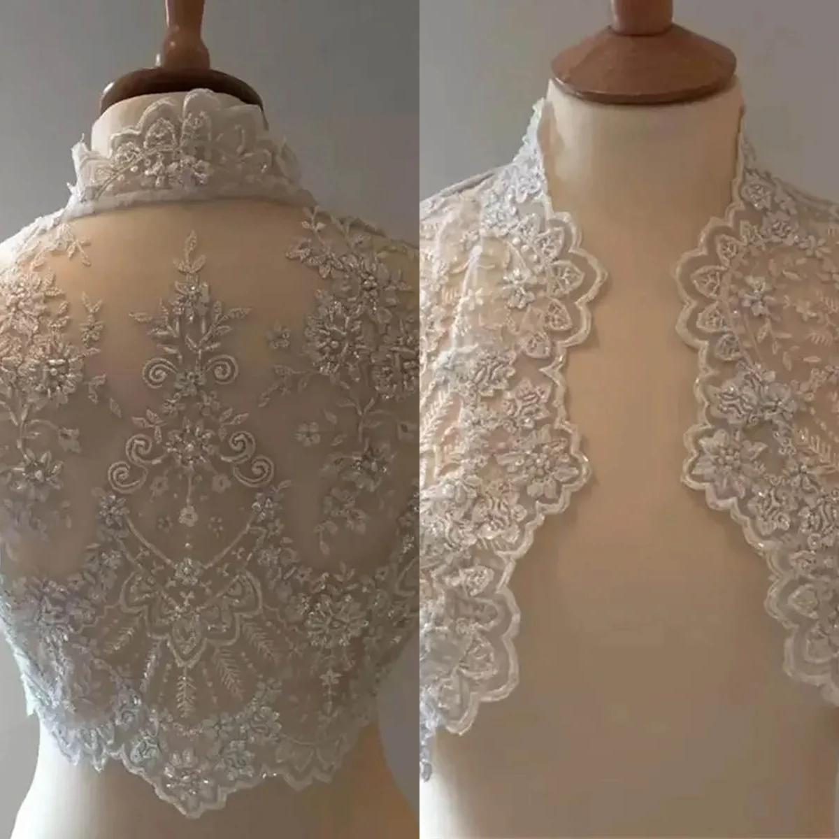 

Sparling White Short Sleeve Lace Wedding Jacket Luxury Single Breasted Applique Sheer Bridal Wrap Bolero