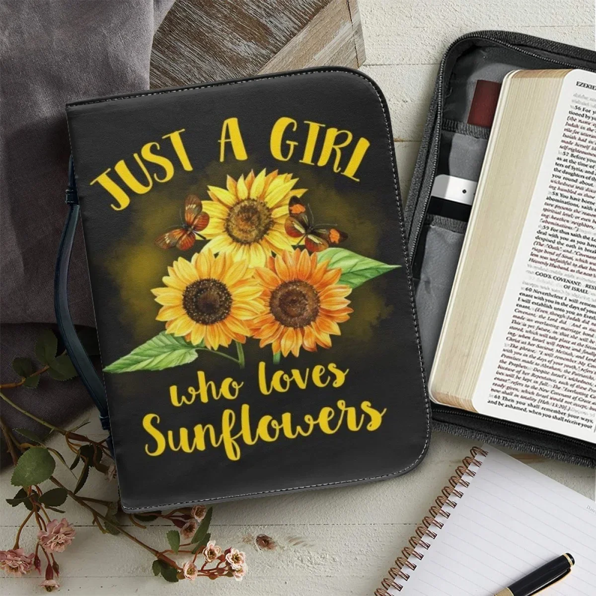 

Sunflower Bible Poem Printing Women's Bible Cover Case Leather Zippered Handle Handbags Custom Christian Bags Bible Storage Bags