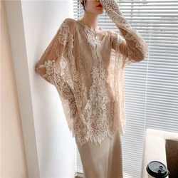 Romantic Lace Top Women's Long Sleeve Hollow T-shirt Shawl