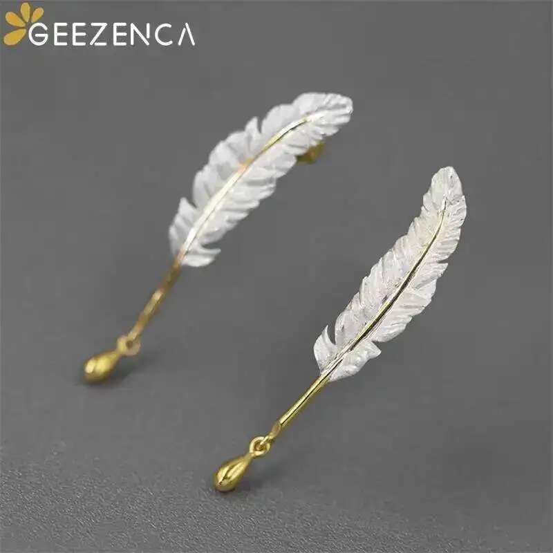GEEZENCA 925 Sterling Silver Two Tone Quill Pen Ink Earrings For Women Vintage Artistic Unique Chic Earring 2024 New Party Gift