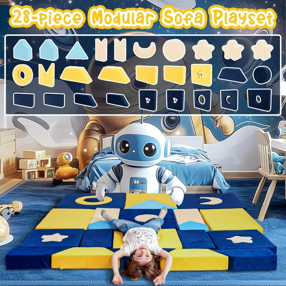 28PCS Modular Kids Play Couch - Universe Theme Toddler Couch Building Fort, Sofa Foam Couch Play Couch Set, Multifunctional Sofa