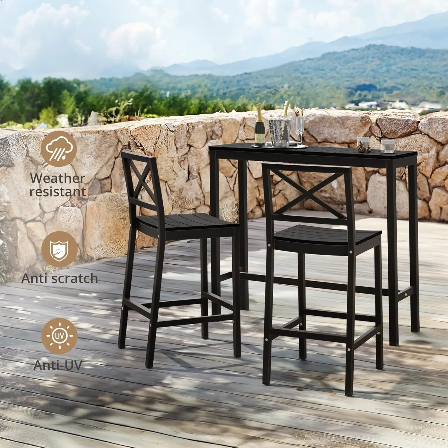 

Outdoor Bar Height Table and Chairs Set, 3 Piece Black Patio Pub Bar Set with 45 Slatted High Top Table and 2 Armless Bar Stools