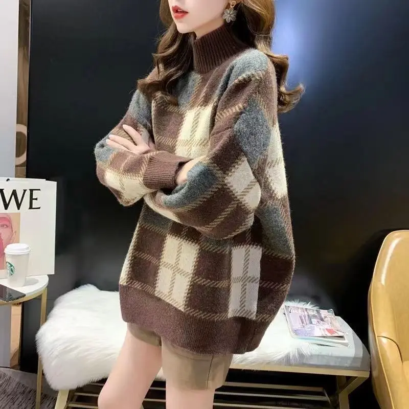 Lattice Patchwork Mock Neck Loose Women's Clothing Long Pullovers Straight Autumn Winter Thick Fashion Streetwear Korean Casual