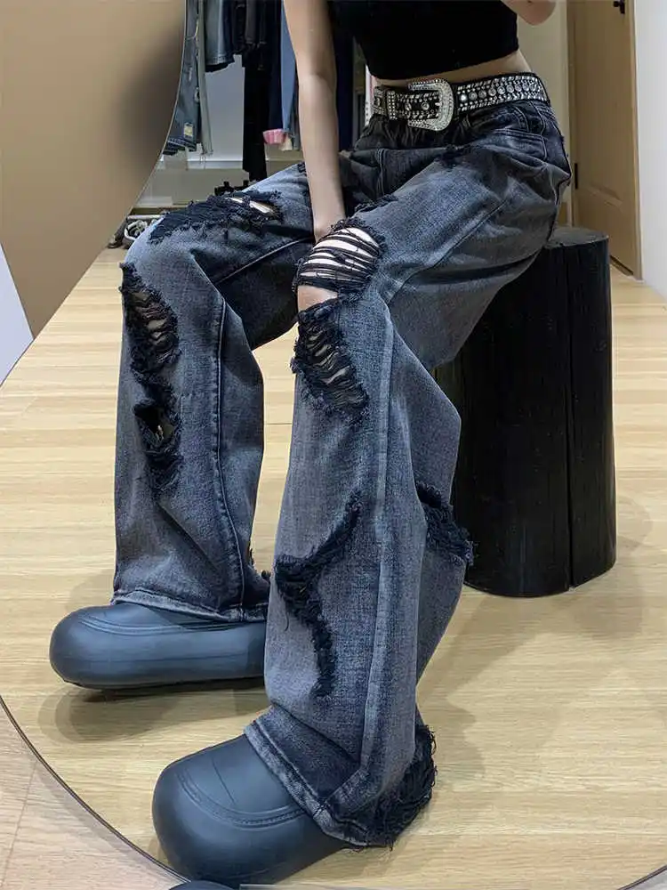 

Большие джинсы High Street с дырками, женские летние новые свободные универсальные широкие брюки с высокой талией, прямые джинсовые брюки в американском стиле ретро