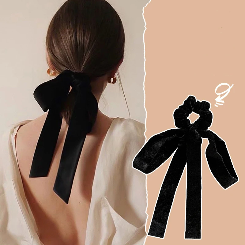 WLP nowych kobiet elegancki czarny aksamitna kokarda węzeł gumki do włosów koreański moda wstążka elastyczna włosy w koński ogon akcesoria nakrycia głowy