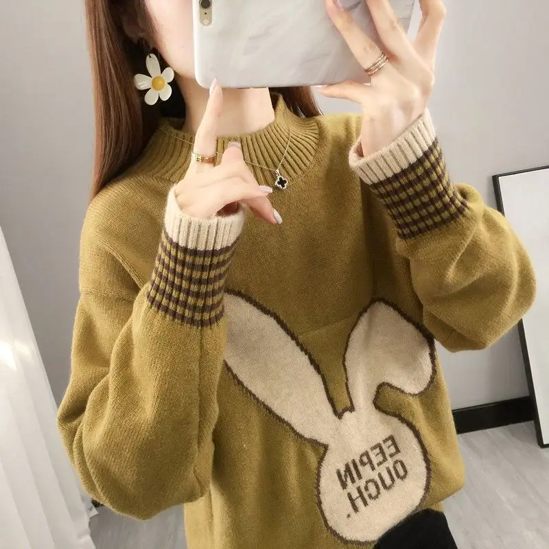 

Fashion Half High Collar Printing Letter Casual Sweaters Female Clothing 2023 Autumn Winter Loose Sweet Pullovers Korean Tops