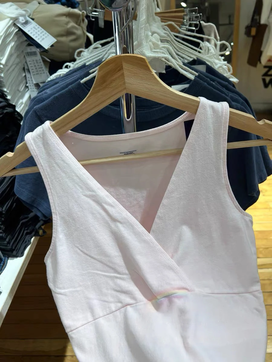 ใหม่สีชมพู V คอ Slim Tank Tops ผู้หญิงฤดูร้อนผ้าฝ้ายแขนกุดเอวสูงเสื้อกั๊กหญิงหวาน Basic Casual Crop Top Y2k Camis