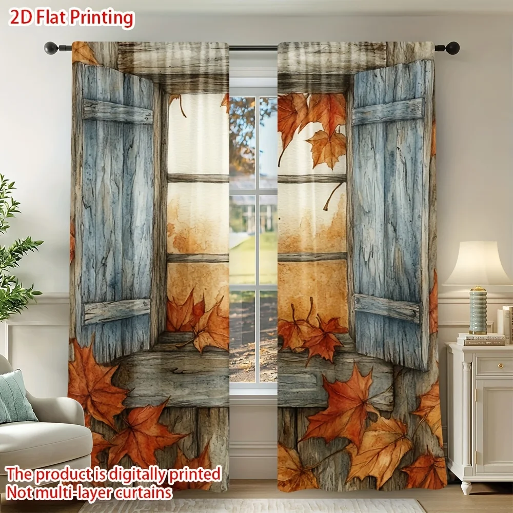 2PCS Thanksgiving Fall Curtains, Wooden Door Maple Leaf, Digital Print, Bedroom Living Room, Office, Kitchen, Bathroom