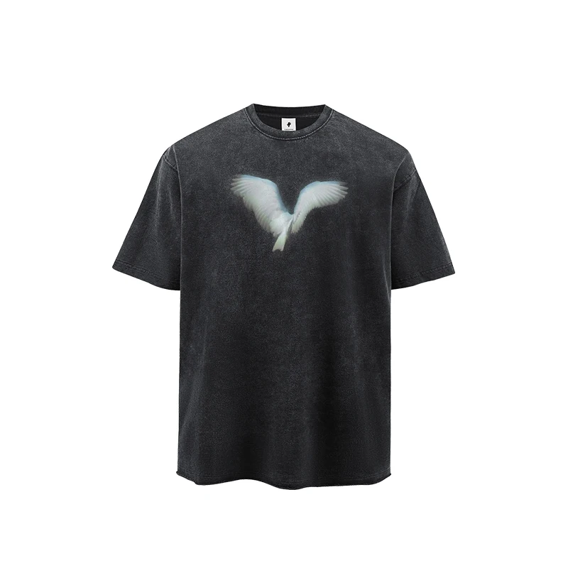 

Motorcycle Free Flying Pigeon Washed Cotton Distressed Retro T-Shirt Men's High Street Heavy Summer New
