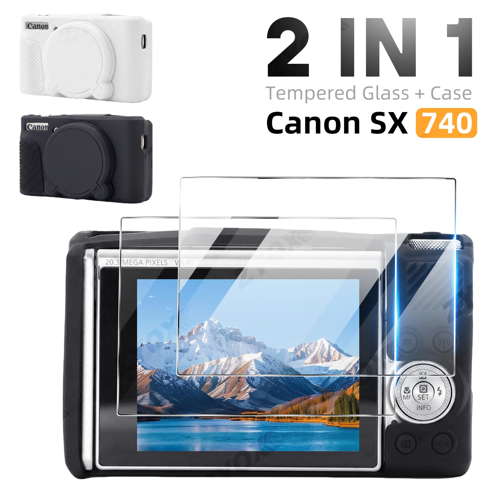 

2 IN 1 Case+Glass for Canon PowerShot SX740 HS Camera Soft Silicone Protective Cover & Screen Protector Glass Film Accessories