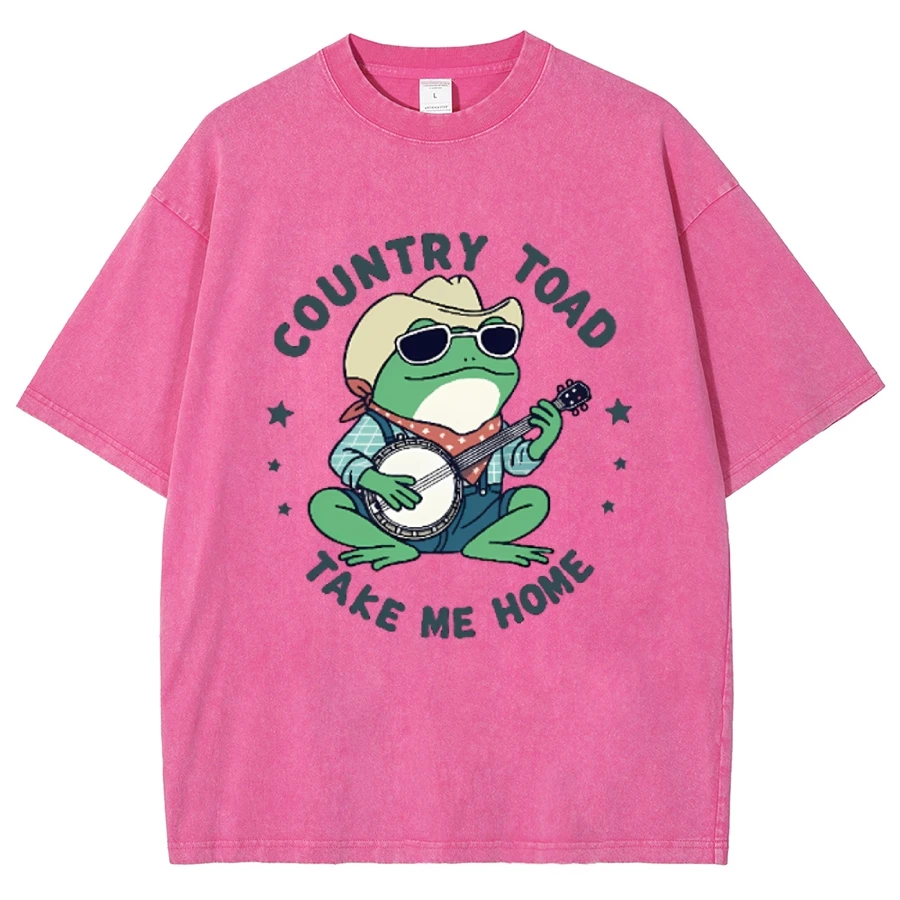 2000s Clothes Country Roads Take Me Home Playing Music Frog T-Shirt Vintage Washed T-Shirt Retro Tee Fun Western Gift For Women