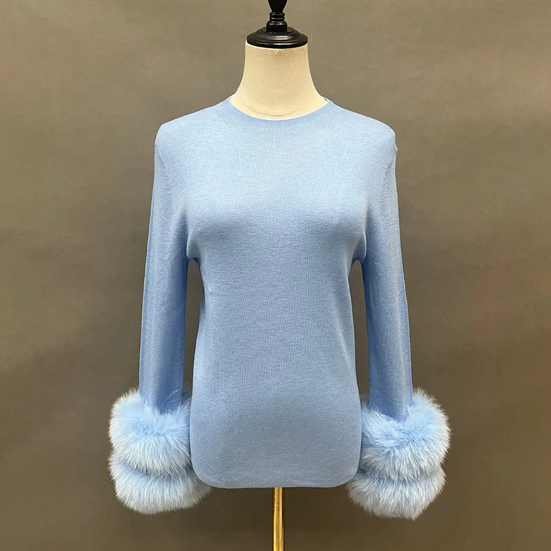 Winter Warm Sweater High Elastic With Real Fox Fur Cuff Women Clothing Detachable Cuff Pullover