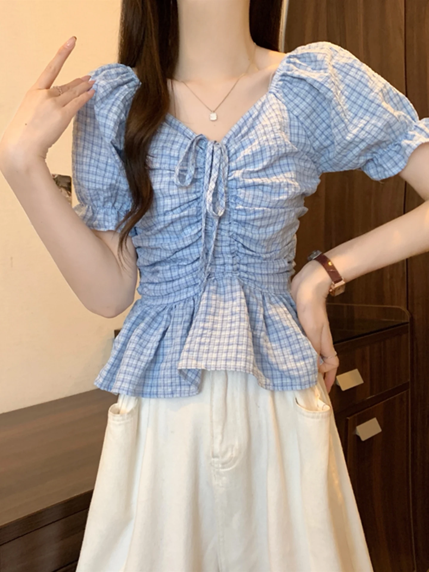 

Синяя клетчатая юбка-бабочка с коротким рукавом для женщин, летняя, маленького размера, с завышенной талией, на шнурке, милая, в стиле Loo...