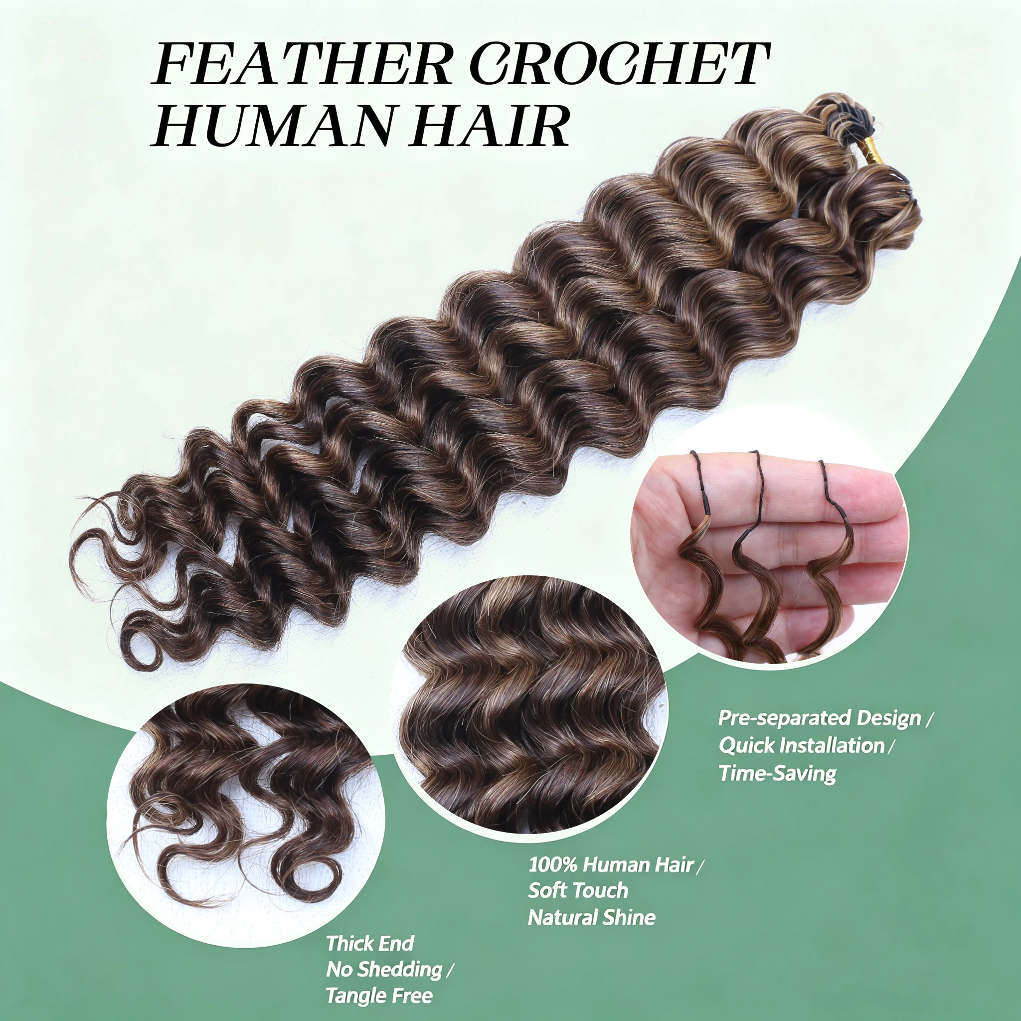 #4/27 Highlight Colored  Boho Braids Deep Wave Feather Crochet Human Hair Extensions Pre-Separated Invisible Miracle Knots Crochet Hair 100% Raw Brazilian Human Hair for Braiding Lightweight Reusable Versatile Time-Saving Hairstyles for Women - view 4