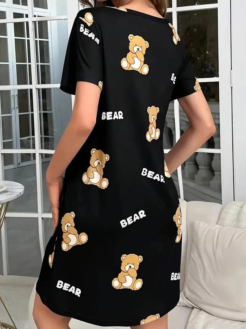Women's Fashion sexy Cute Bear And Letter Printed T-shirt Nightgown Sleepwear Home Daily Plus Size Skirt Casual Loose Clothing