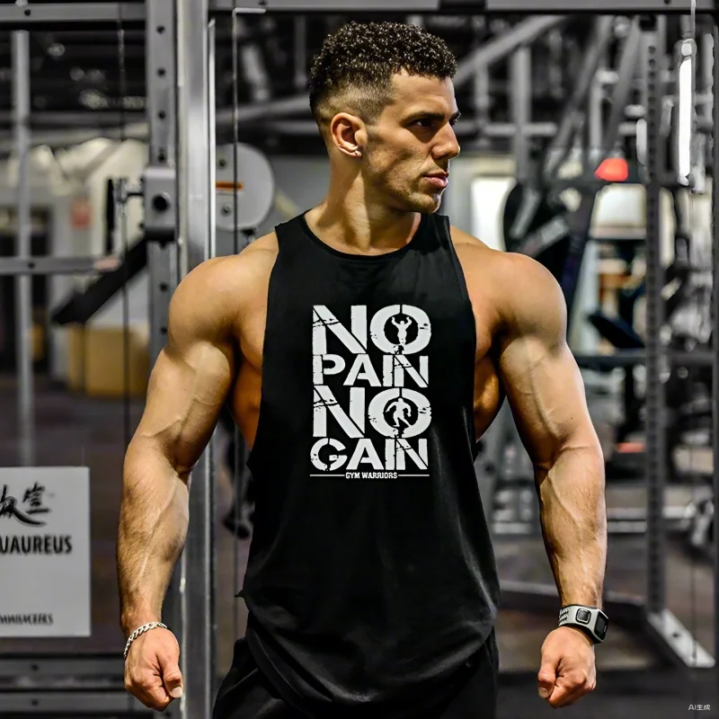 

Mens black Running Vests Bodybuilding Stringe Tank Tops Summer poure Cotton Gym Clothing No Pain No Gain Muscle Fitness Singlets
