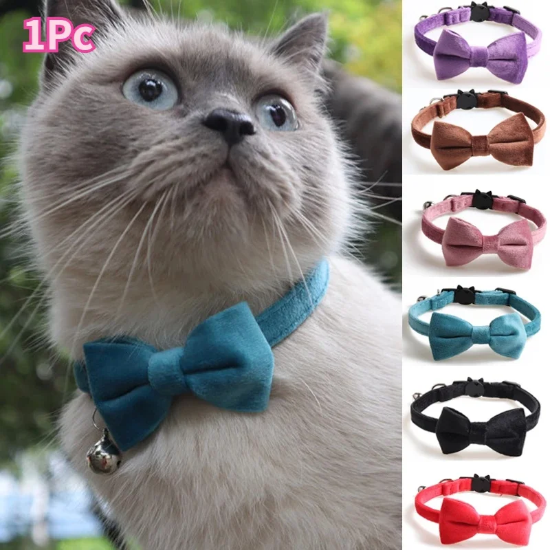 1Pc Velvet Cat Collar Bowknot Adjustable Safety Buckle Gatos Bow Tie Cat Accessories Collar for Cats with Bell Solid Color