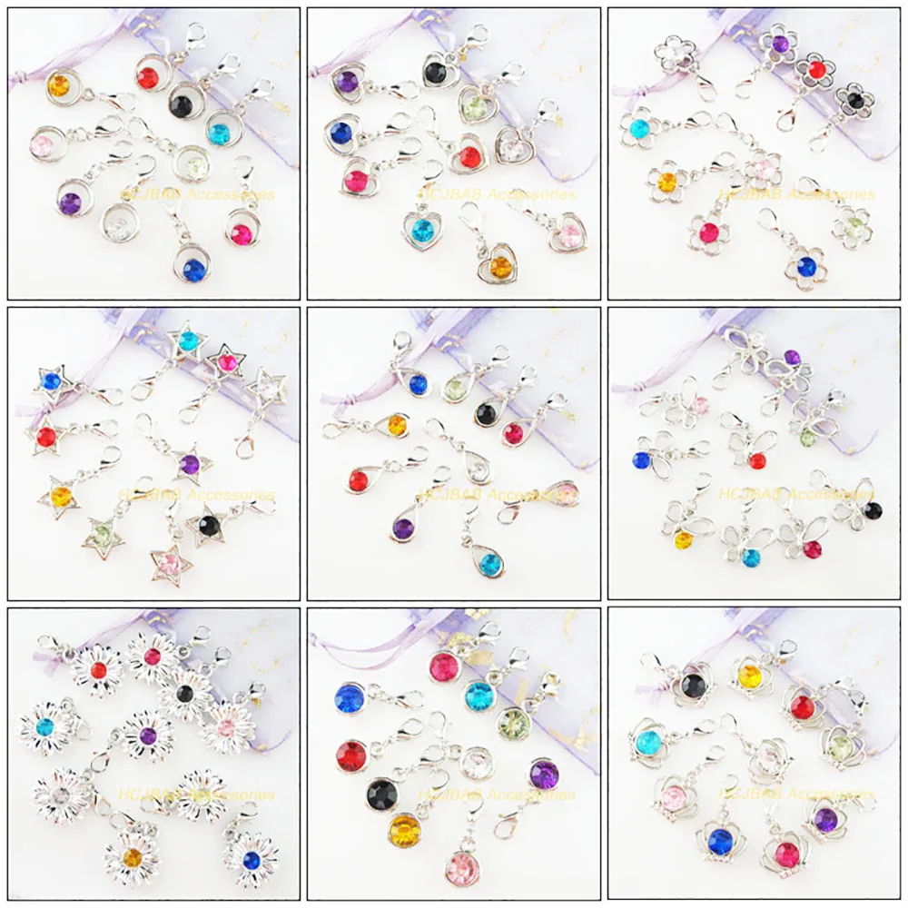 Fashion 20Pcs New Flower Heart Round Crown Teardrop Animal Butterfly Acrylic Dull Silver Plated Pendants With Clasp