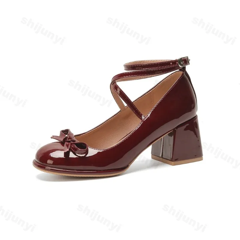 Red Mary Jane Women Pumps New Fashion Bowknot Thick High Heels Female Lolita Square Toe Party Leather Shoes for Woman Sandals image 6