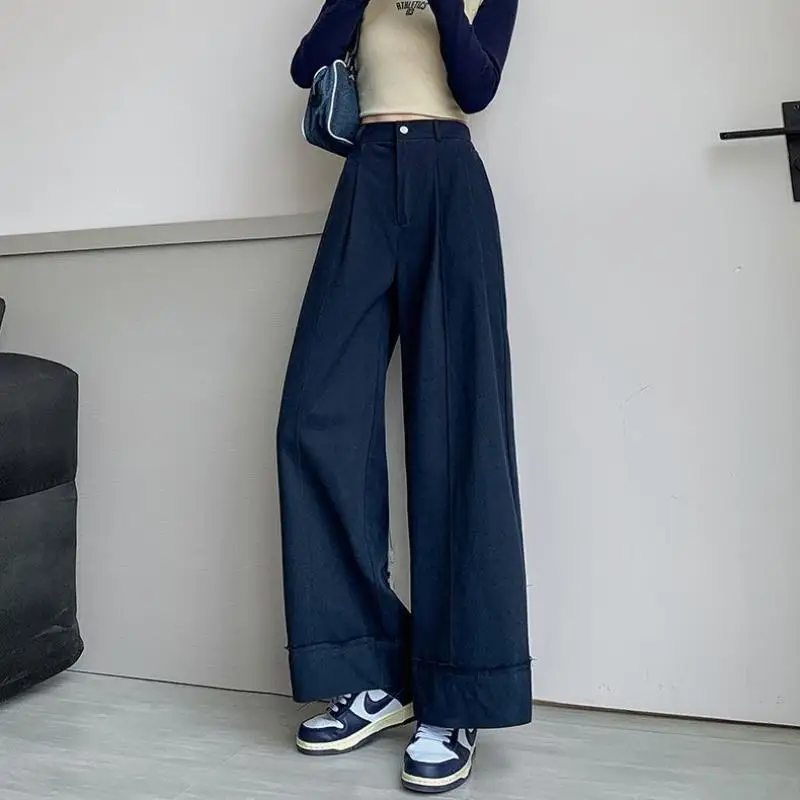 Wash water pure cotton wide leg pants autumn Korean version new high waisted slim fit loose straight leg casual pants