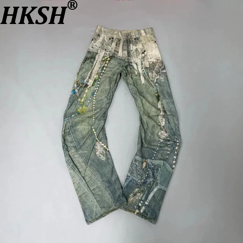 HKSH Calças Jeans Masculinas e Femininas de Primavera e Outono, Novas, Estilo Chic e Moderno, Jeans Punk com Renda, Corrente de Pérolas e Estampa 3D, 
