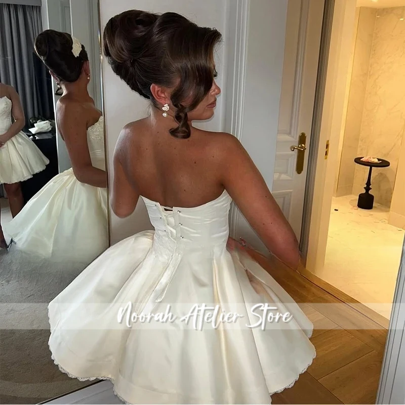 Beige Wedding Party Puffy Ball Gowns Beading Applique Lace V Neck Short Graduation Dress Customized Ruched Corset Bridal Gown
