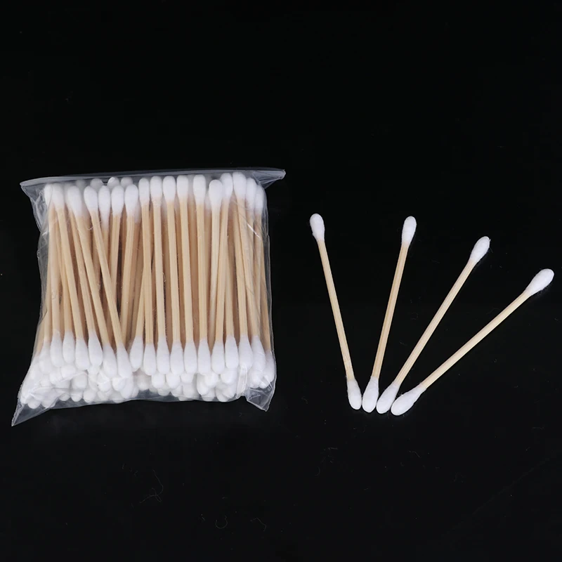 Bastoncillos de algodón desechables de doble cabeza para maquillaje, palitos de madera para uso médico, herramientas de limpieza de nariz y orejas, 100 unids/lote/bolsa de 7,2 cm