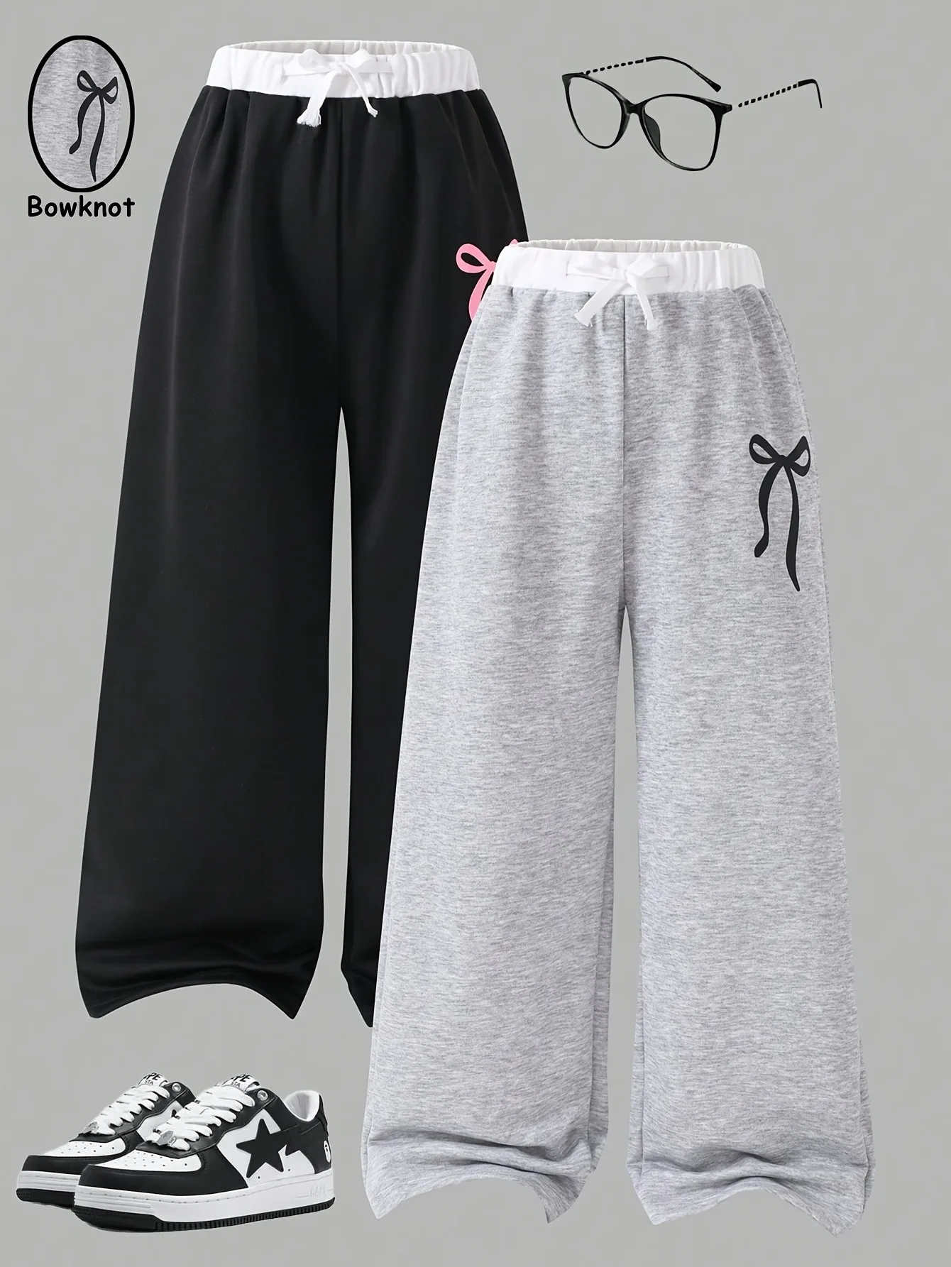 Kids Girls 2 Pack Bowknot Print Contrast Waist Wide Leg Sweatpants Casual Daily School Wear Pants