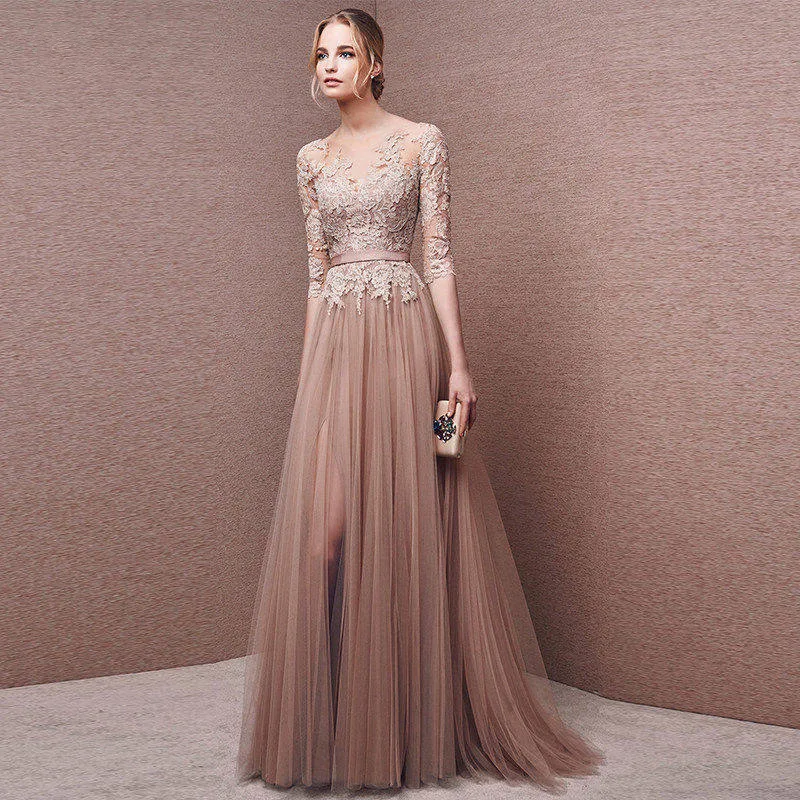 Elegant Pink Navy Blue Tulle Long Bridesmaid Dresses Lace Applique Half Sleeve High Split Wedding Guest Evening Party Prom Gowns