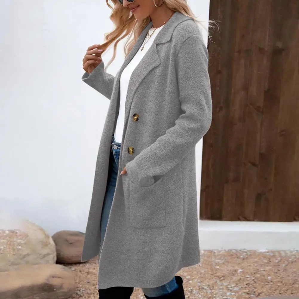 Women Woolen Jacket Lapel Button Coat Stylish Mid-length Woolen Jacket for Women with Turn-down Collar Single-breasted for Work