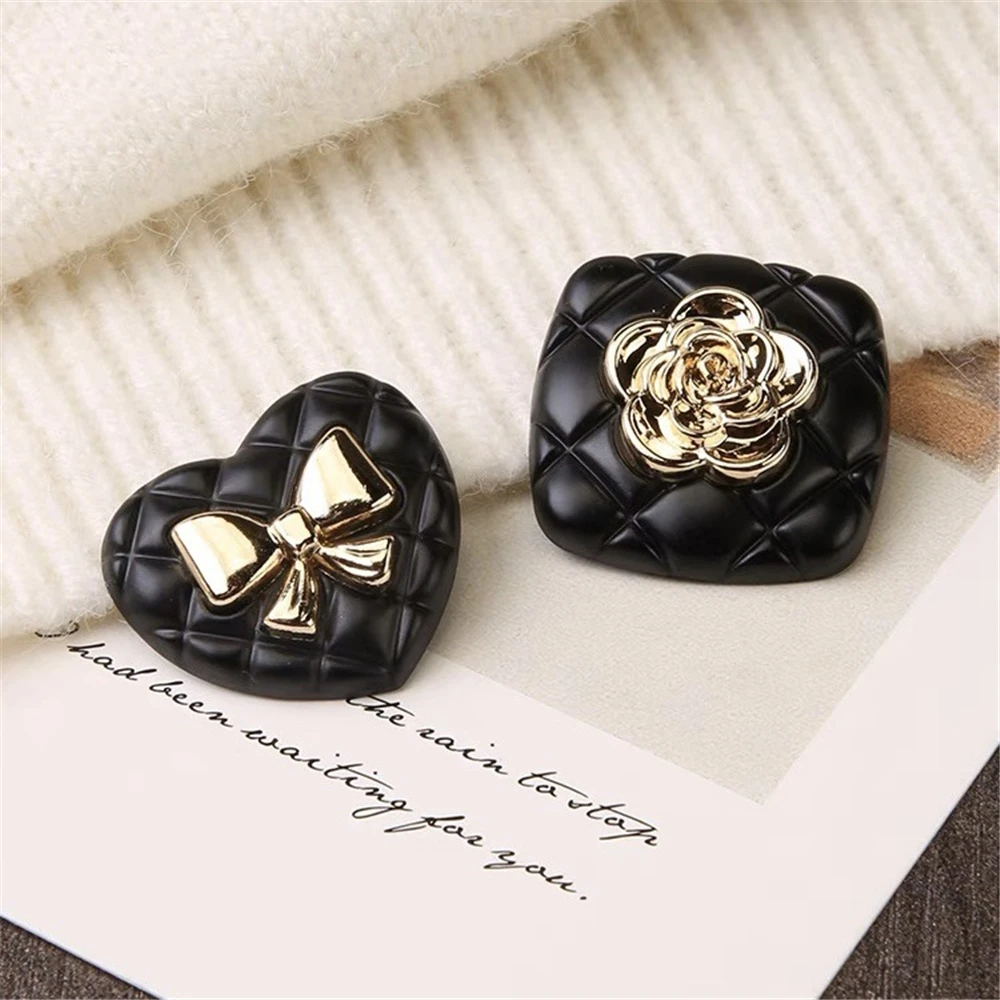 10pcs 18/23mm Black Heart Clothing Buttons Fashion Diamond Lattice Square Flower Buttons Women's Dress Knitted Sweater Buttons