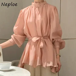 Neploe Spring Blusas Mujer De Moda 2024 Stand Neck Solid Color Lantern Long Sleeve Shirts Pleated Bandage Slim Waist Blouses